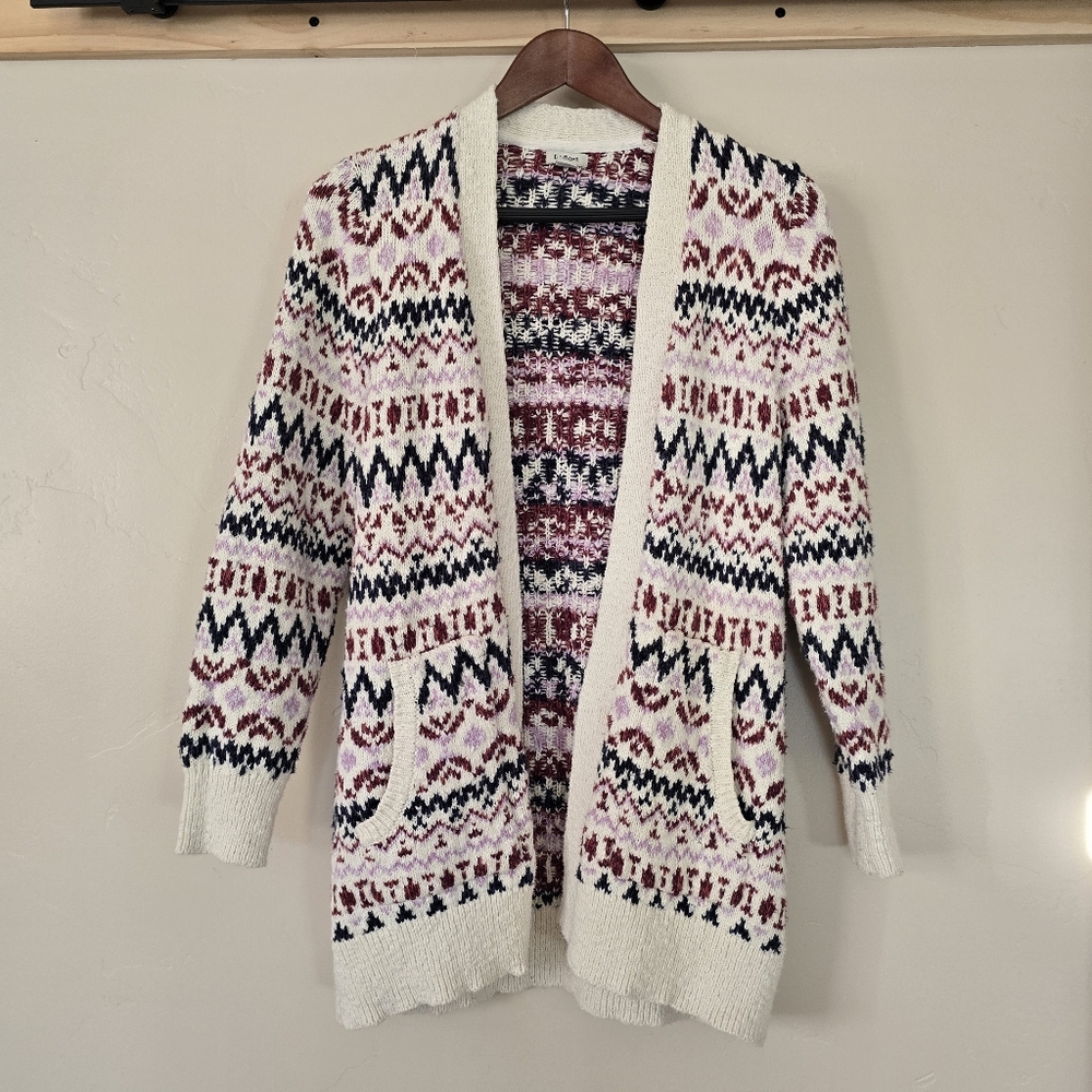 LL Bean Sweater Womens M Petite White Fair Isle Cardigan Knit Open Jumper